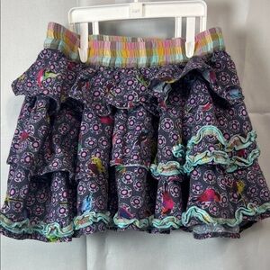 Cake Walk Purple tiered ruffle bird print knit twirl skirt size 3/4